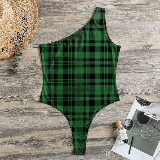 Green And Black Tartan Pattern Print One Shoulder Bodysuit
