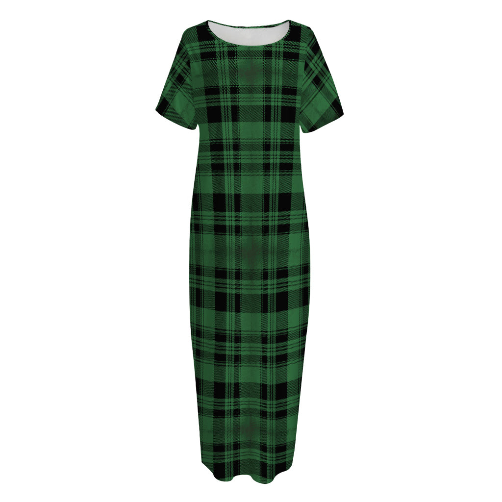 Green And Black Tartan Pattern Print Short Sleeve Long Nightdress