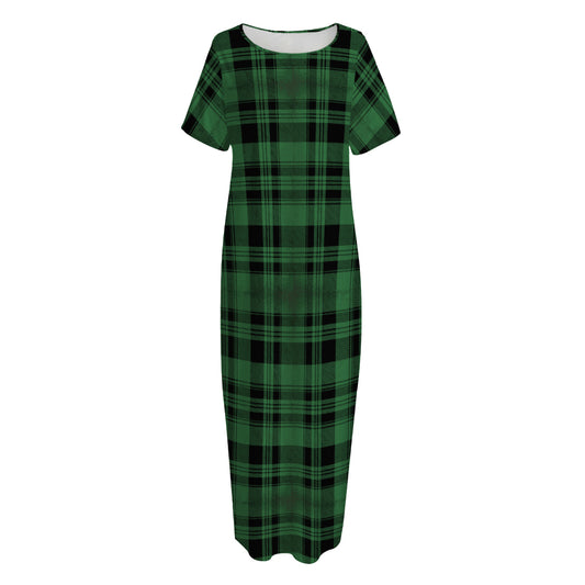 Green And Black Tartan Pattern Print Short Sleeve Long Nightdress