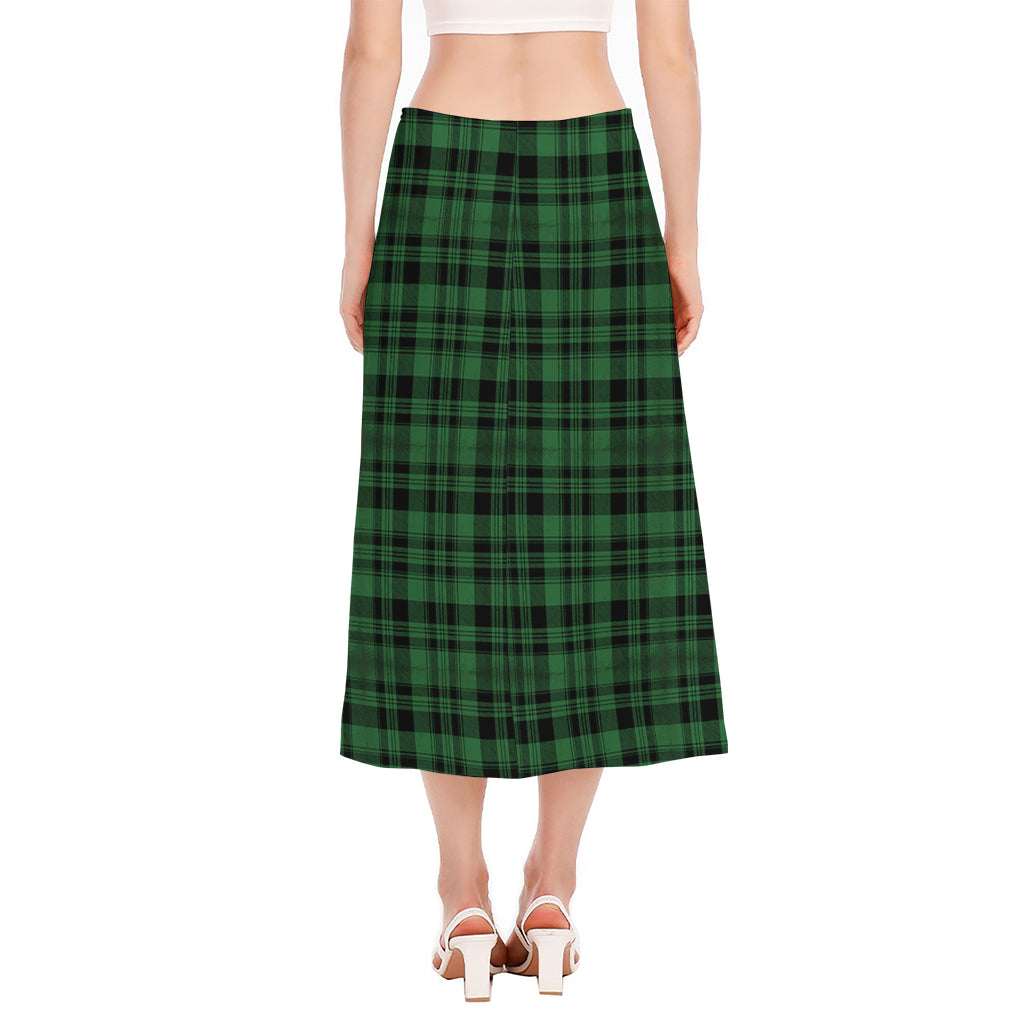 Green And Black Tartan Pattern Print Side Slit Midi Skirt