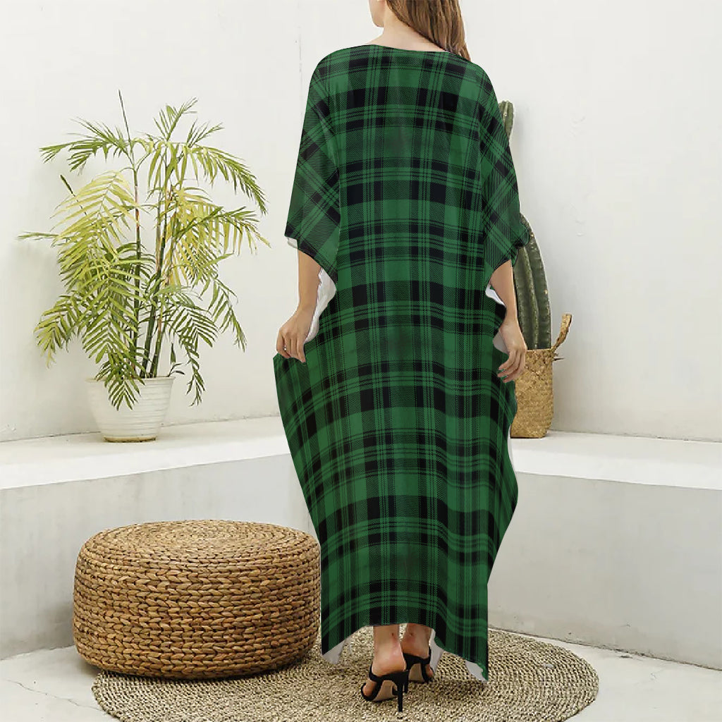Green And Black Tartan Pattern Print Silk V-Neck Kaftan Dress