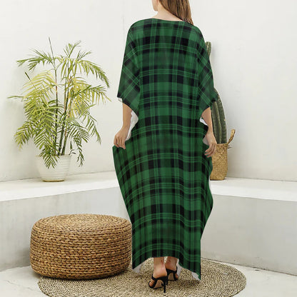 Green And Black Tartan Pattern Print Silk V-Neck Kaftan Dress