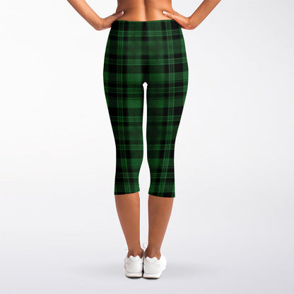 Green And Black Tartan Pattern Print Women's Capri Leggings