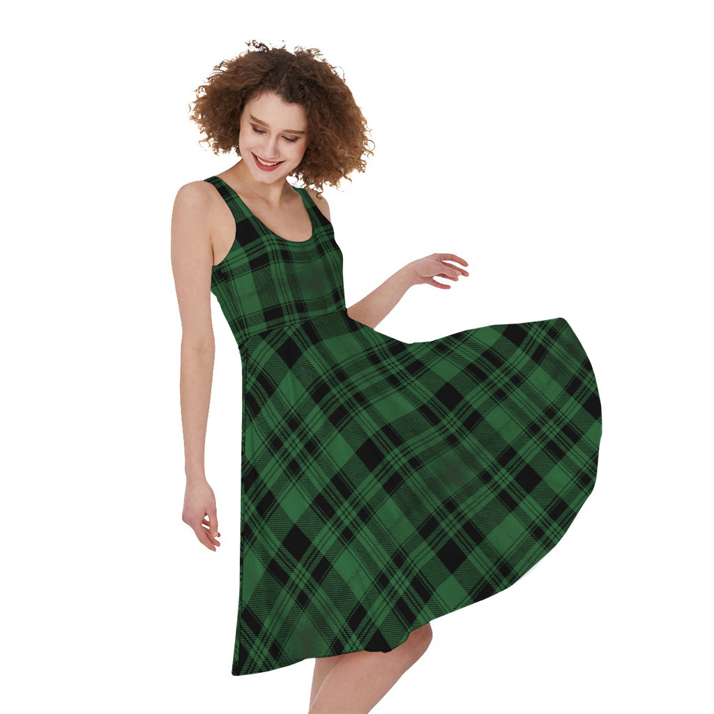 Green And Black Tartan Pattern Print Sleeveless Knee Length Dress   GearFrost