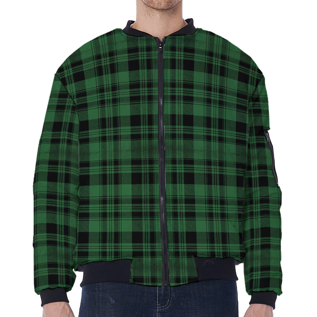 Green And Black Tartan Pattern Print Zip Sleeve Bomber Jacket