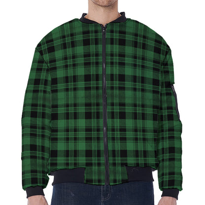 Green And Black Tartan Pattern Print Zip Sleeve Bomber Jacket
