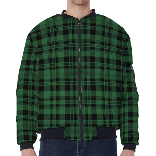 Green And Black Tartan Pattern Print Zip Sleeve Bomber Jacket