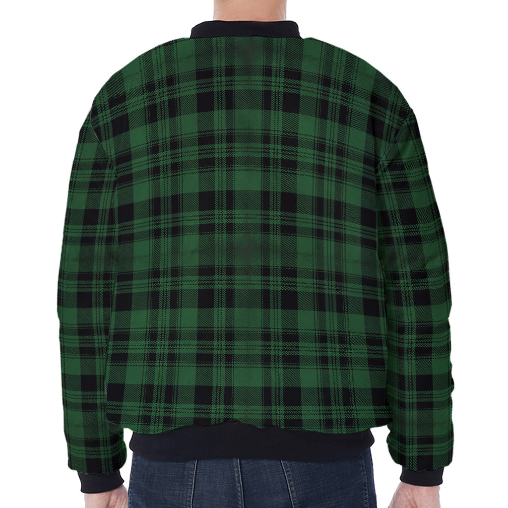 Green And Black Tartan Pattern Print Zip Sleeve Bomber Jacket