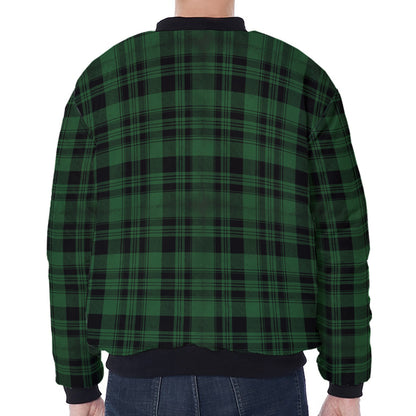 Green And Black Tartan Pattern Print Zip Sleeve Bomber Jacket
