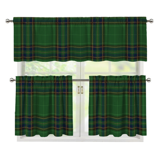 Green And Blue Stewart Tartan Print 3 Piece Kitchen Curtains