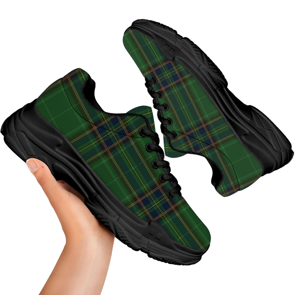 Green And Blue Stewart Tartan Print Black Chunky Shoes