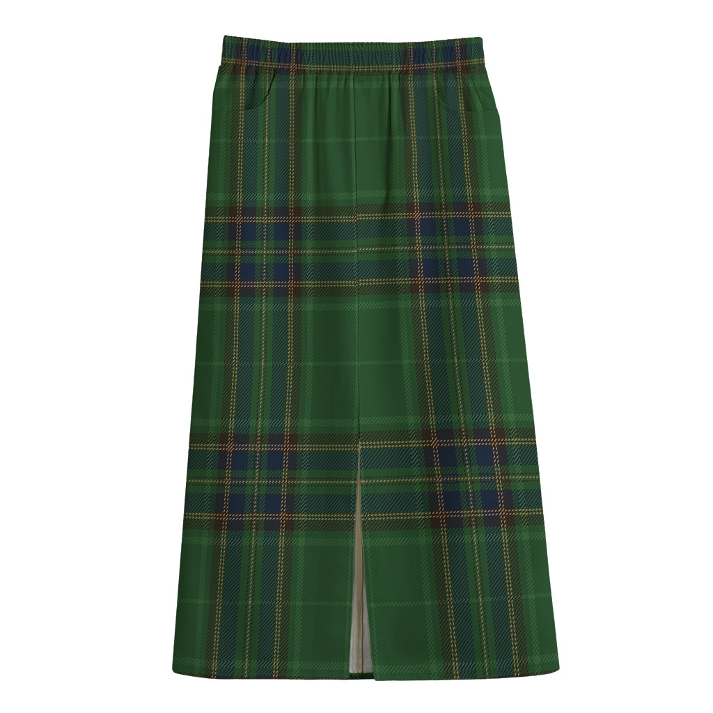 Green And Blue Stewart Tartan Print Cotton Front Slit Maxi Skirt