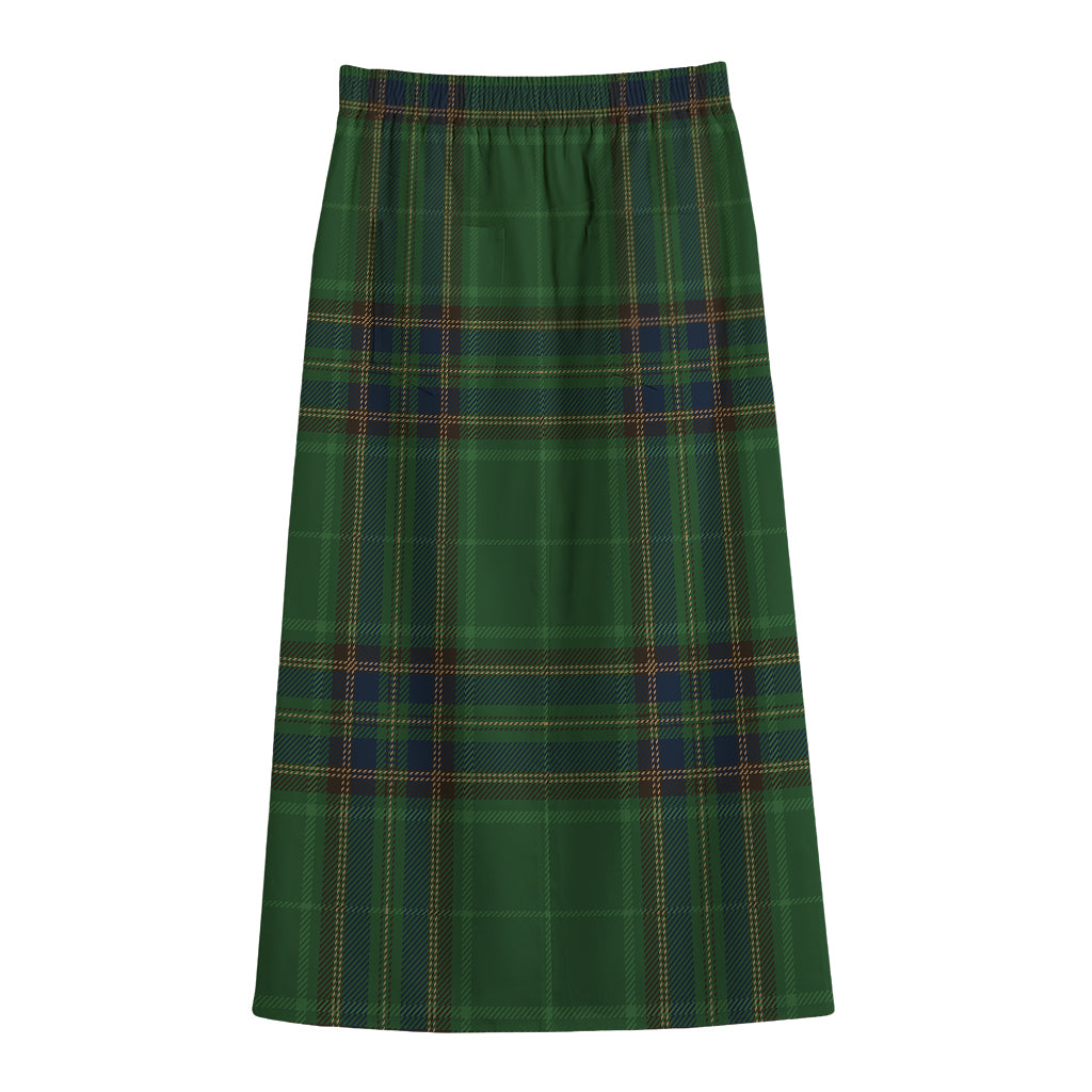 Green And Blue Stewart Tartan Print Cotton Front Slit Maxi Skirt