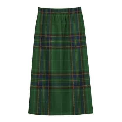 Green And Blue Stewart Tartan Print Cotton Front Slit Maxi Skirt