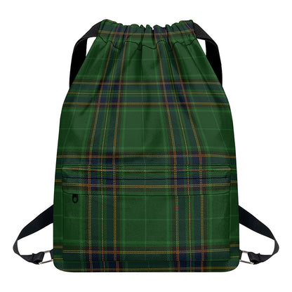 Green And Blue Stewart Tartan Print Drawstring Backpack