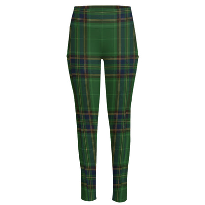 Green And Blue Stewart Tartan Print High-Waisted Pocket Leggings