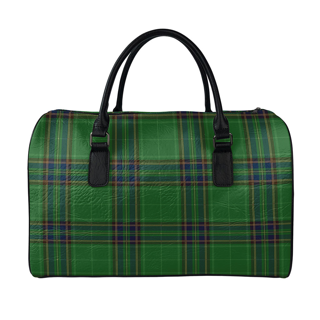 Green And Blue Stewart Tartan Print Leather Duffle Bag