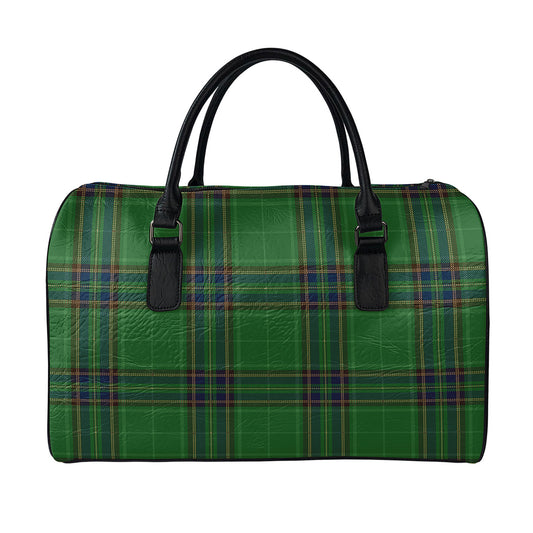 Green And Blue Stewart Tartan Print Leather Duffle Bag