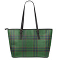 Green And Blue Stewart Tartan Print Leather Tote Bag With Zipper