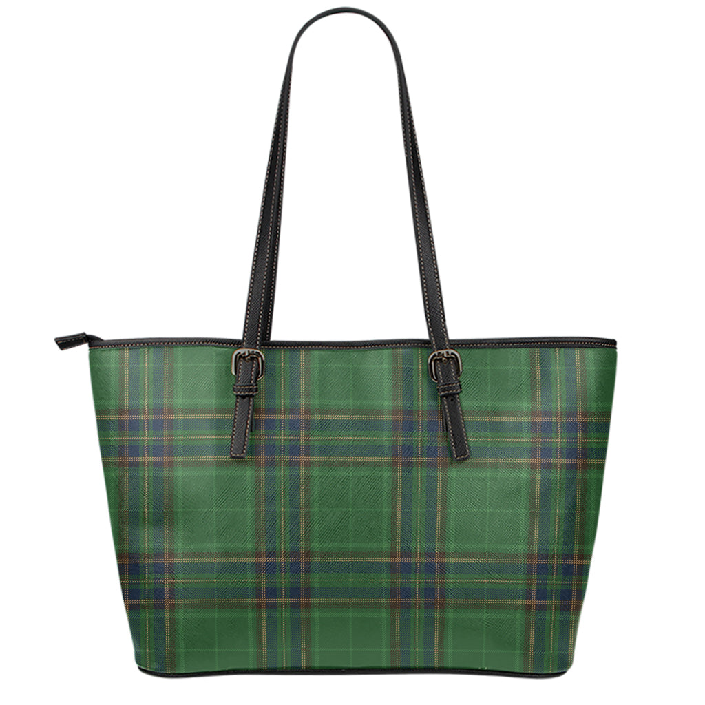 Green And Blue Stewart Tartan Print Leather Tote Bag