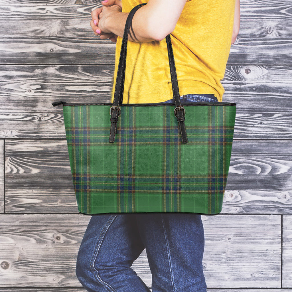 Green And Blue Stewart Tartan Print Leather Tote Bag