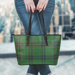 Green And Blue Stewart Tartan Print Leather Tote Bag