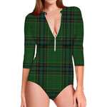 Green And Blue Stewart Tartan Print Long Sleeve Swimsuit