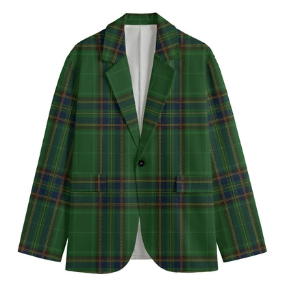 Green And Blue Stewart Tartan Print Men's Cotton Blazer