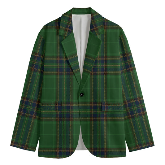 Green And Blue Stewart Tartan Print Men's Cotton Blazer