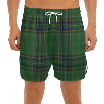 Green And Blue Stewart Tartan Print Men's Split Running Shorts