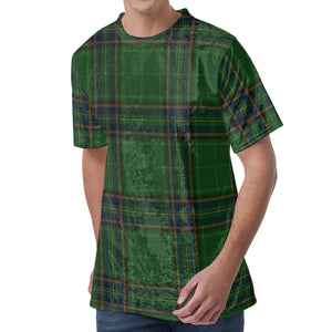 Green And Blue Stewart Tartan Print Men's Velvet T-Shirt