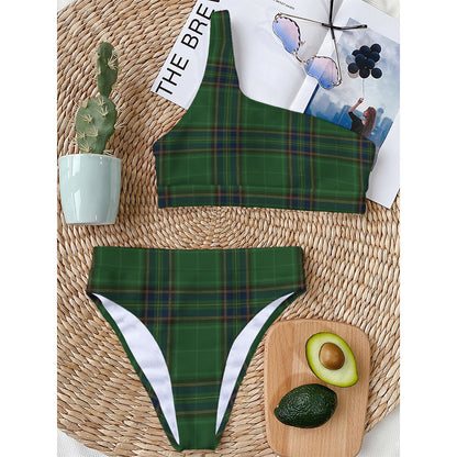 Green And Blue Stewart Tartan Print One Shoulder Bikini Top