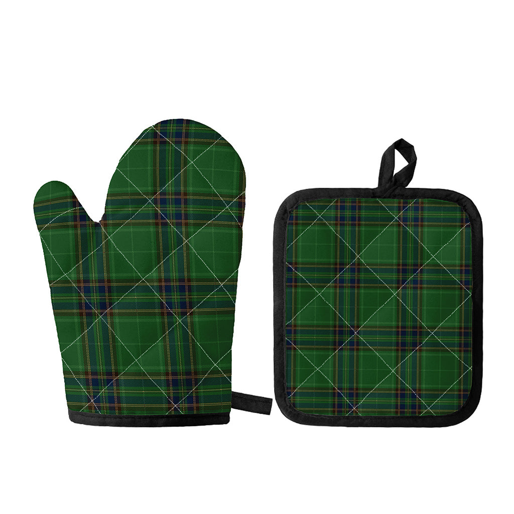 Green And Blue Stewart Tartan Print Oven Mitt And Pot Holder Set