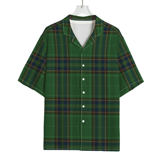 Green And Blue Stewart Tartan Print Rayon Hawaiian Shirt