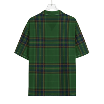 Green And Blue Stewart Tartan Print Rayon Hawaiian Shirt