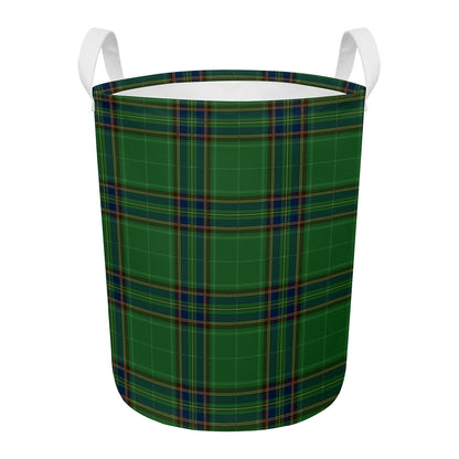 Green And Blue Stewart Tartan Print Round Laundry Basket