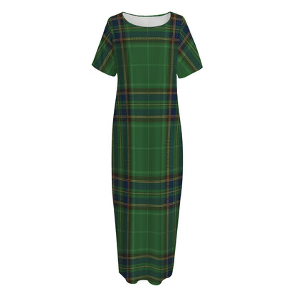 Green And Blue Stewart Tartan Print Short Sleeve Long Nightdress