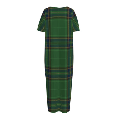 Green And Blue Stewart Tartan Print Short Sleeve Long Nightdress