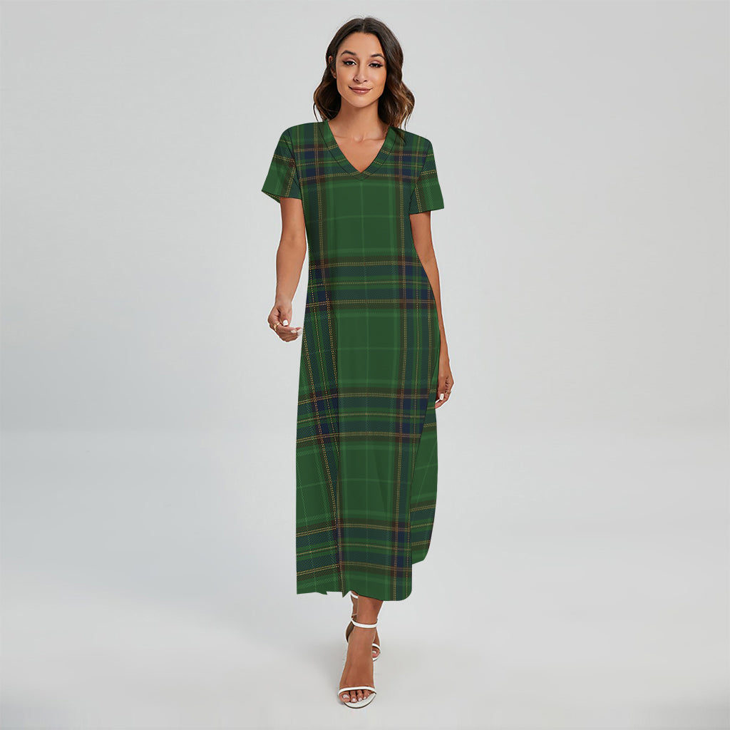 Green And Blue Stewart Tartan Print Short Sleeve Maxi Dress