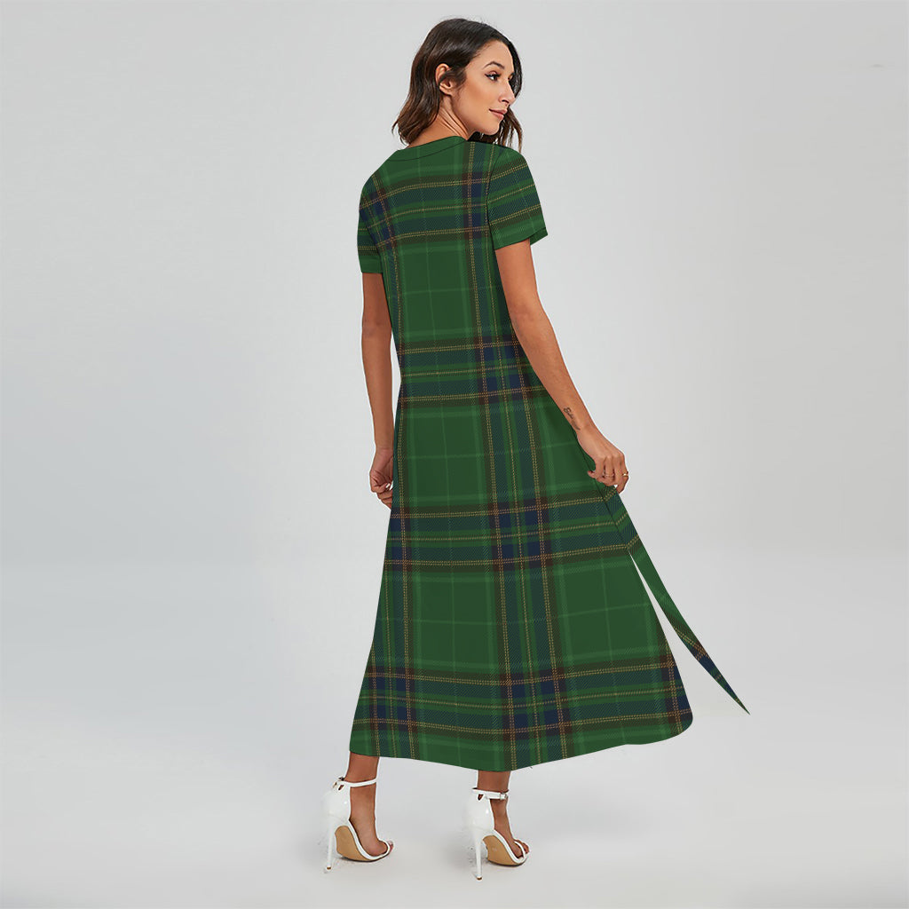 Green And Blue Stewart Tartan Print Short Sleeve Maxi Dress