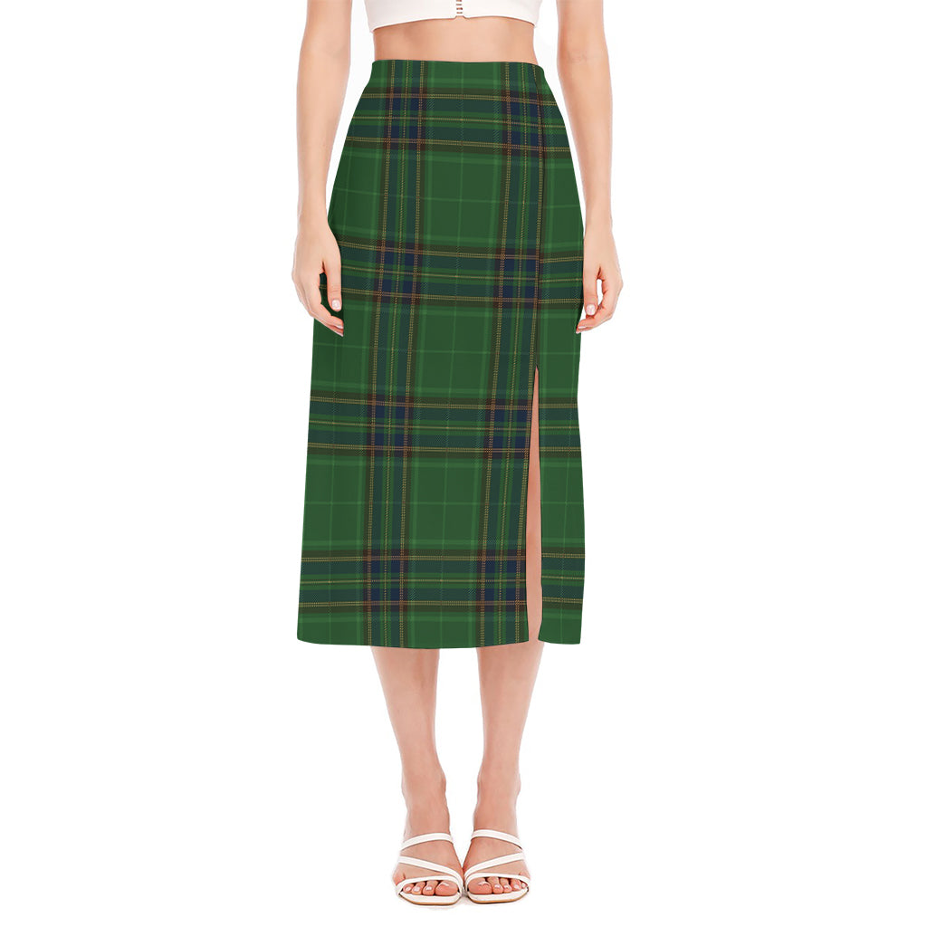 Green And Blue Stewart Tartan Print Side Slit Midi Skirt