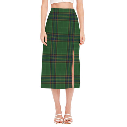 Green And Blue Stewart Tartan Print Side Slit Midi Skirt