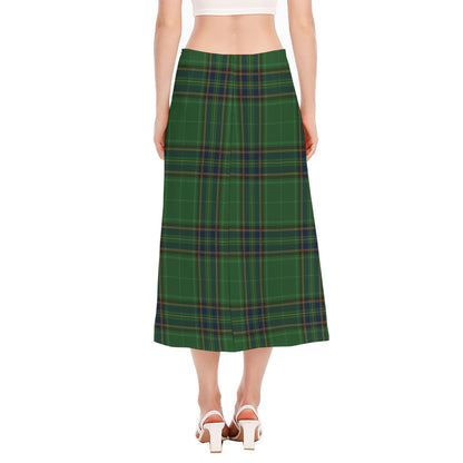 Green And Blue Stewart Tartan Print Side Slit Midi Skirt