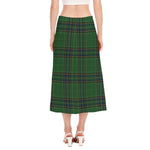 Green And Blue Stewart Tartan Print Side Slit Midi Skirt