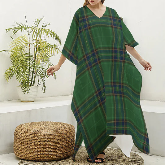 Green And Blue Stewart Tartan Print Silk V-Neck Kaftan Dress