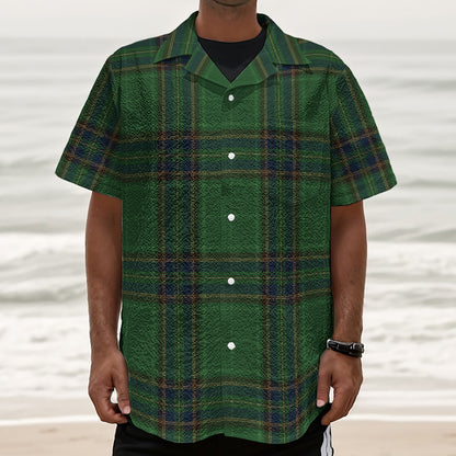 Green And Blue Stewart Tartan Print Textured Short Sleeve Shirt