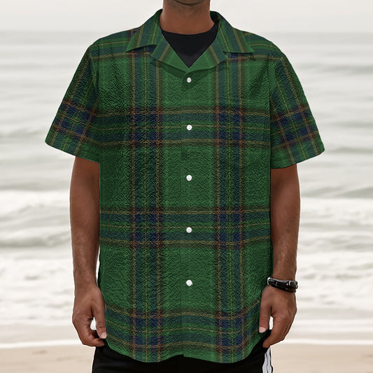 Green And Blue Stewart Tartan Print Textured Short Sleeve Shirt