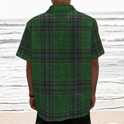 Green And Blue Stewart Tartan Print Textured Short Sleeve Shirt