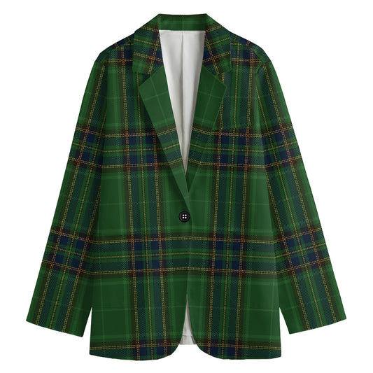 Green And Blue Stewart Tartan Print Women's Cotton Blazer