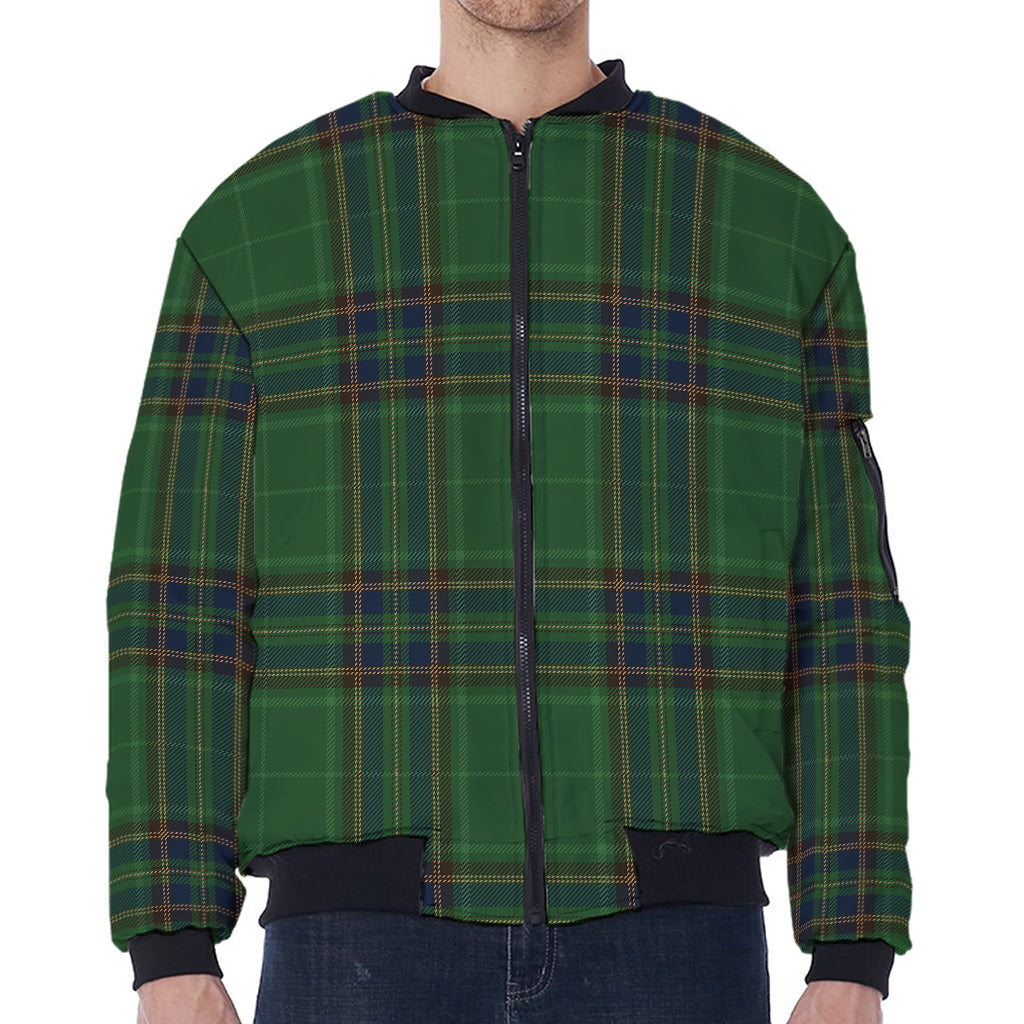 Green And Blue Stewart Tartan Print Zip Sleeve Bomber Jacket